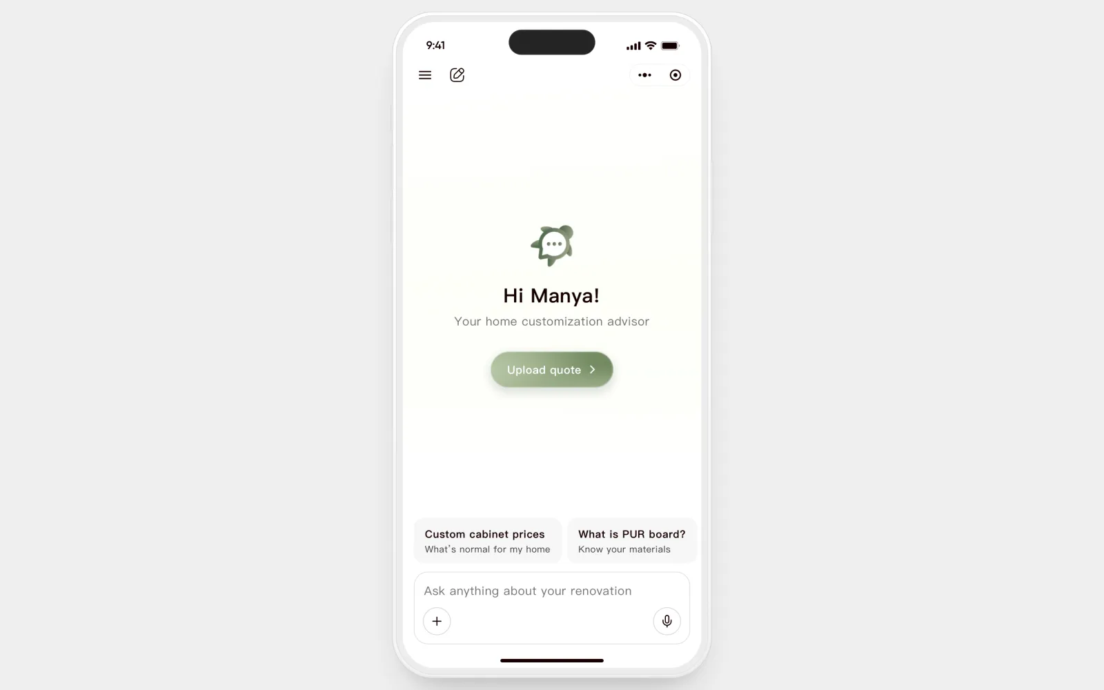 The coded prototype: the phone, interactive — upload a quote, answer the mid-check questions, open the report.