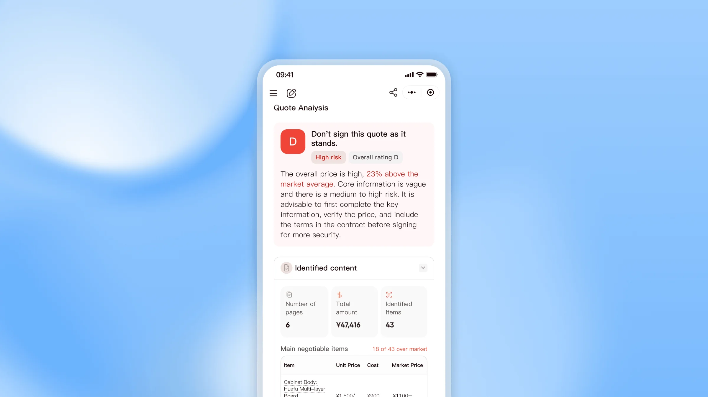 Shellmind hero: the quote analysis on a phone — Don't sign this quote as it stands — on a blue gradient.