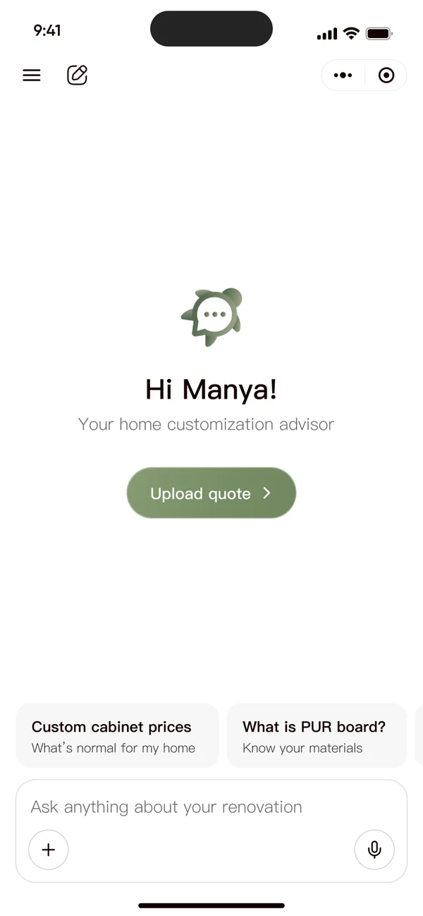 V2 home with an Upload quote button, topic chips and a composer.